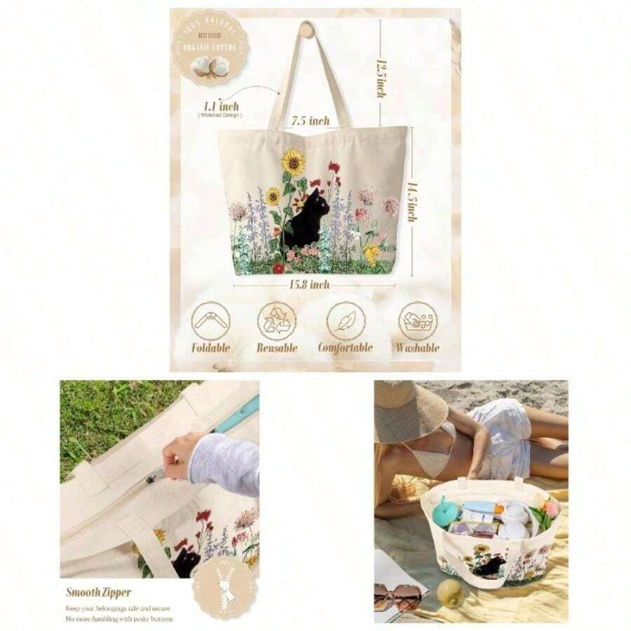 - Bolsa para mujer, bolsa de lona con cierre esttica reutilizable para gimnasio, viajes, trabajo - Gato de zacate - Ver 1