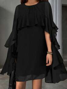 Autumn/Winter New Casual Elegant Retro Romantic Minimalist Artistic Ruffled Hem Loose Button Decor Women Mini Dress