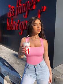 OQQ 3 Piece Bodysuits For Women Sexy Ribbed Strappy Square Neck Stretch Tank Tops Bodysuits - 黑,米,糖果藍,黑,糖果粉,太陽花白 - 查看 5