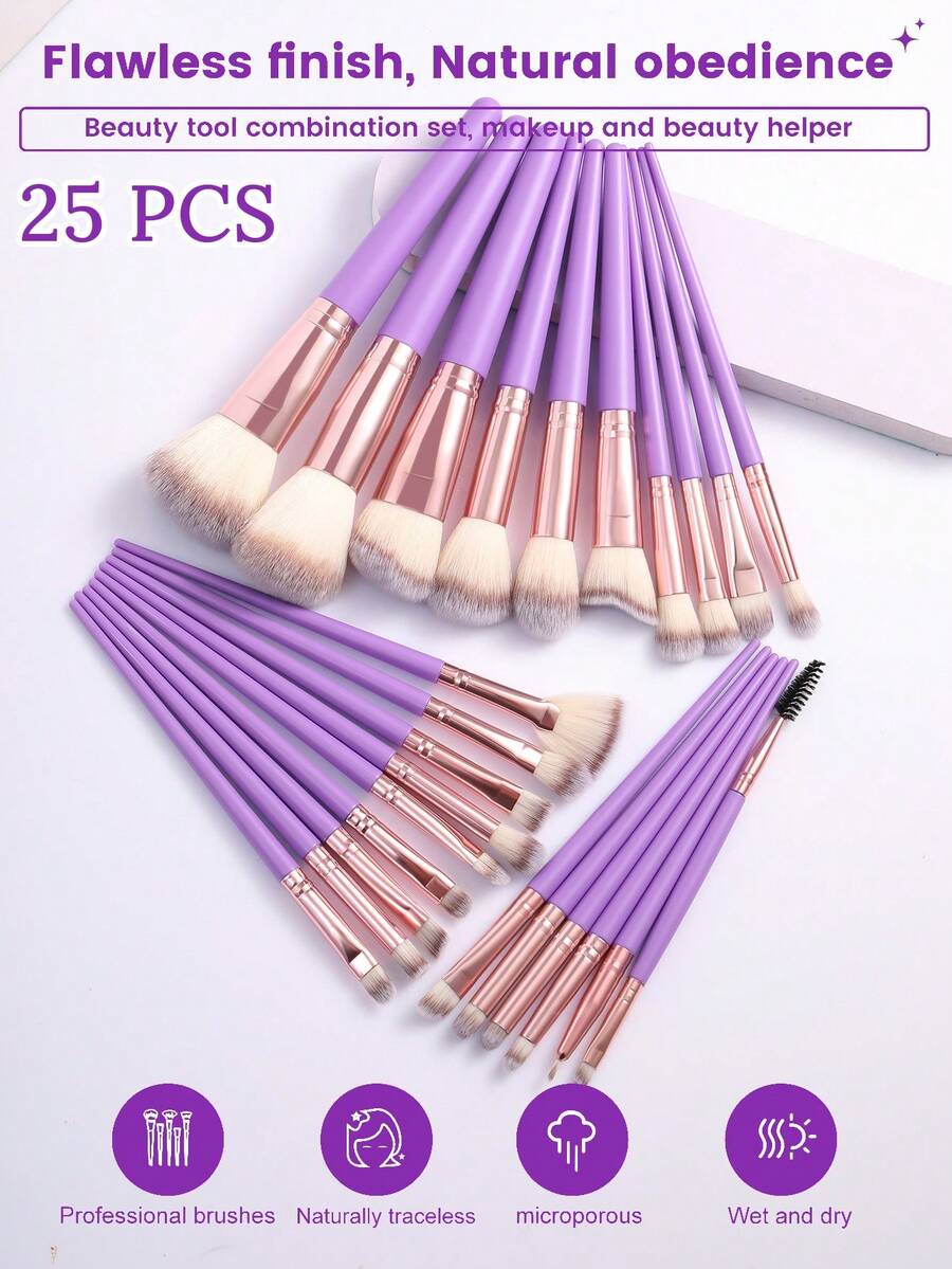 25/50件組全功能合成化妝刷套組,超柔軟纖維刷毛,包含底妝刷、蜜粉刷、腮紅刷、遮瑕刷、打亮刷、眉刷、眼影刷,完整臉部化妝工具,適合日常居家使用,便攜專業 - 紫色 - 查看 1