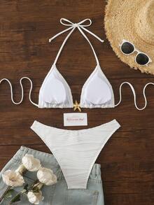 New 2 Pieces Wavy Pattern Fabric Fashionable Elegant Women's Bikini Swimwear, Casual Swimwear For Spring/Summer Beach, Vacation, Yacht Party White - White - View 4