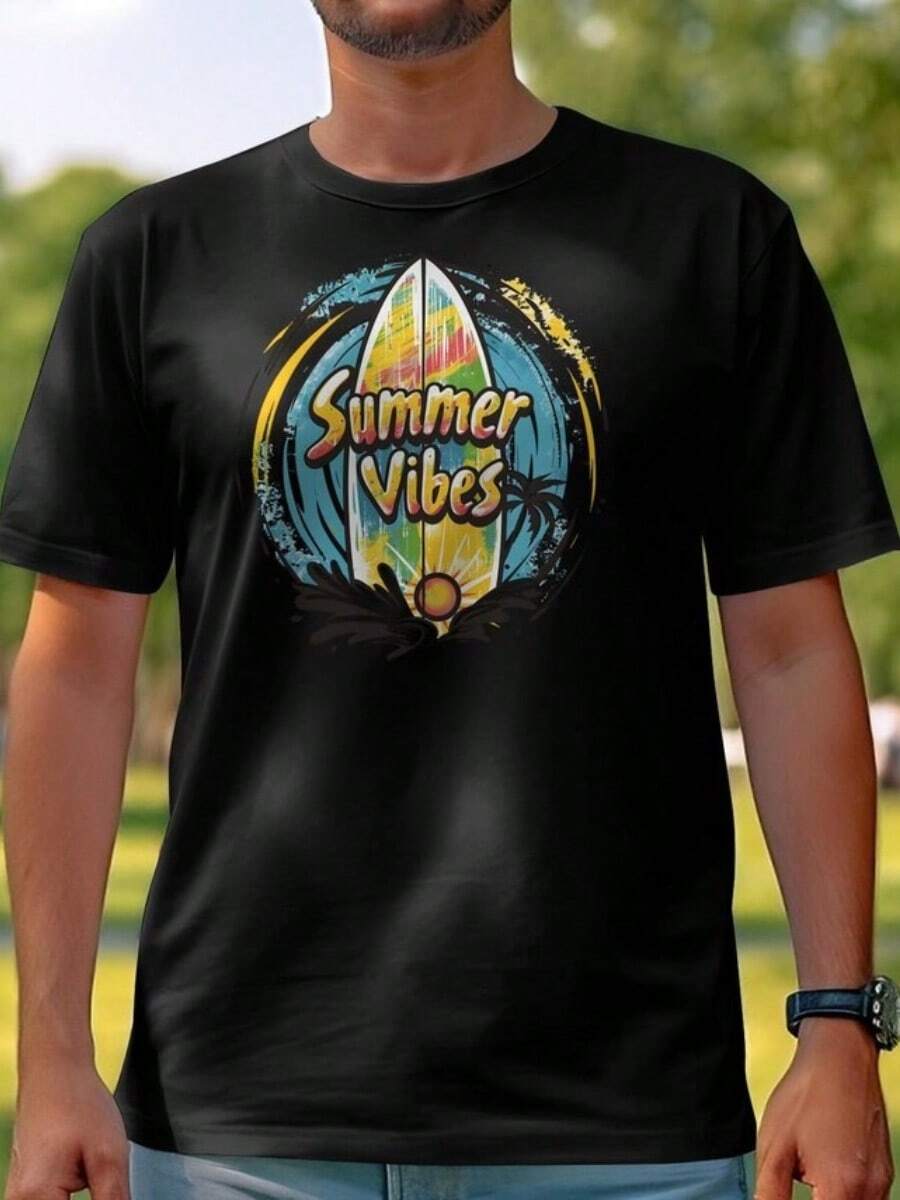 Summer Vibes Surfboard T-Shirt For Men And Women, Tropical Beach Graphic Tee, Colorful Surfing Shirt - Black - View 1
