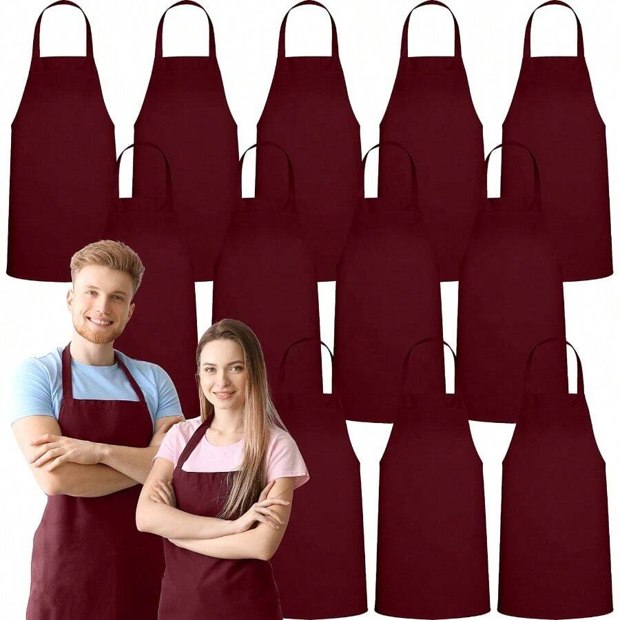 GREEN LIFESTYLE 12 Pack Professional Chef Apron Burgundy Grilling Aprons For Men And Women Waterproof Cooking Apron Ideal For BBQ Sessions Restaurant Kitchen Use And Daily Work Durable And Stylish Design With No Pockets For Efficient Performance In Outdoor And Indoor Culinary Environments - Packof12NoPocket - Xem 1
