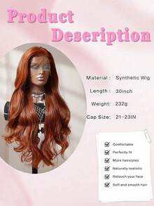 13x6蕾丝前假发，带婴儿发，30英寸长波浪卷合成纤维假发，耐热纤维，弹性帽，适合各种场合，高品质自然柔软合成纤维假发，女士圣诞礼物 - 亮橙色 - 查看 9