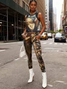 Ladies' Street Casual Tight Fitting Spicy Girl Retro Oil Painting Print Sleeveless Top And Pants Set Two-Piece Set - 黃色 - 查看 5