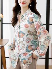 Women's Floral Print Long Sleeve Single-Breasted Casual Shirt, Elegant Ladies Blouse - Multicolor - View 2