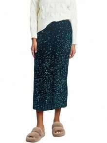 Women's Elegant Sparkly Sequin Midi Skirts Elastic High Waist Shiny Glitter Pencil Formal Party Long Skirts - 墨綠色 - 查看 1