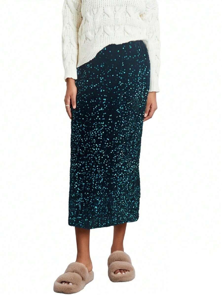 Women's Elegant Sparkly Sequin Midi Skirts Elastic High Waist Shiny Glitter Pencil Formal Party Long Skirts - 墨綠色 - 查看 1