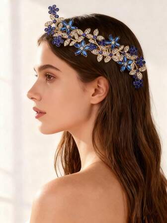 1pc European & American Style Bridal Headpiece, Floral Rhinestone Hair Comb Accessory, Red Long Hair Clip For Updo