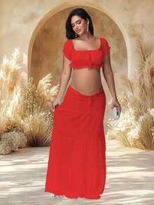 JustVH 2pcs/Set Maternity Off-Shoulder Ruffle Hem Crop Top And Flowing Maxi Skirt Set, Suitable For Photography And Beach Wear - Red - View 3