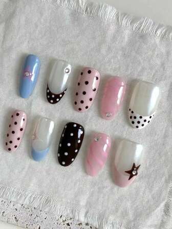 10-Piece Almond-Shaped French-Style Pointed Nails, Featuring Pink, Blue, And Retro Polka Dots Alongside Glossy White Nails. These Are Press-On, Detachable Nails That Enhance Finger Appearance And Serve As Fashionable Nail Decorations. They Are Full-Coverage False Nail Tips, Suitable For Parties, Dances, And Daily Wear, Designed For Women And Girls.