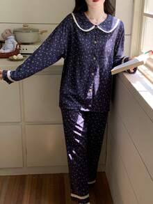 2pcs Women Pajama Set, Floral Print Crew Neck Long Sleeve Top And Floral Print Long Pants, Cute Cartoon Minimalist Style, Comfortable For Home & Leisure, Suitable For Spring, Autumn, Winter