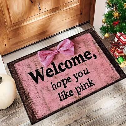 1pc Welcome Mat - Pink Plush Door Mat With "Welcome, Hope You Like Pink" Text, Decorative Bow Design, Machine Washable, Rubber Backing, Polyester, 23.62x31.49inch - Ideal For Home, Office, Bathroom, Cafe, Front Door Mat