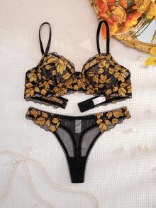 1 Conjunto de lencería de mujer con taza fina con aros, parches de encaje y unicolor, cómodo - Negro - Ver 4