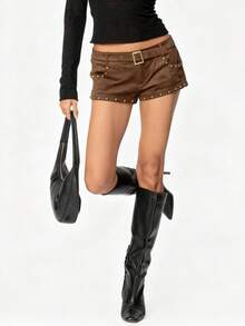 Women Y2k Studded Belt Micro Shorts Low Rise Rivet Faux Suede Shorts Buckle Mini Bottoms Punk Streetwear - 棕色 - 查看 3