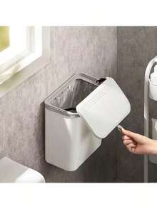 1pc Plastic Wall-Mounted Trash Can, Space-Saving Square Design, 2-In-1 Bathroom Garbage Can With Lid And Toilet Paper Storage, No Electricity Required, Easy Installation - Multicolor - View 1
