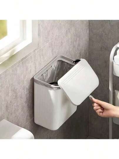 1pc Plastic Wall-Mounted Trash Can, Space-Saving Square Design, 2-In-1 Bathroom Garbage Can With Lid And Toilet Paper Storage, No Electricity Required, Easy Installation