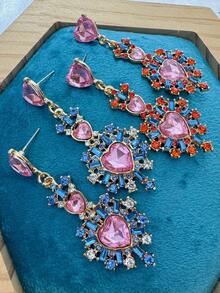 Rhinestone Heart Drop Earrings Valentines - Red - View 8