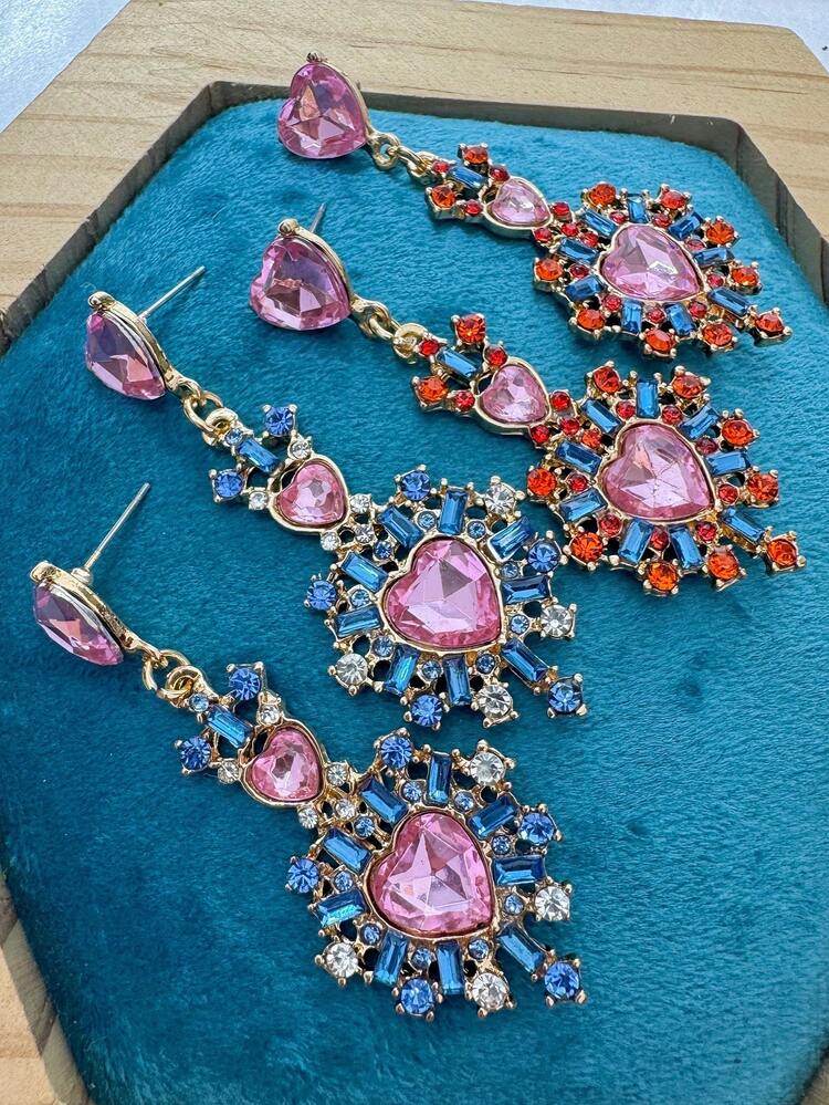 Rhinestone Heart Drop Earrings Valentines