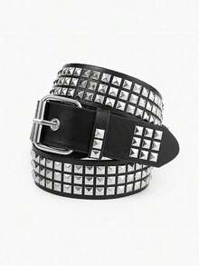 1pc Unisex Solid Color Punk Rock Studded Sequins Rhinestones Embellished Belt, Suitable For Teen, Casual, Outdoor, Athletic, Vacation, Travel, Graduation, Birthday, Daily Wear - màu đen - Xem 5