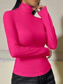 Camiseta de manga larga de cuello alto de unicolor y ajuste ceñido para mujer, adecuada para primavera/otoño/invierno de uso casual - Rosa Fucsia - Ver 4