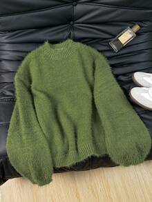 Vivid Style 女士柔软抓绒圆领套头衫，宽松柔软羊毛质感针织毛衣，街头风，圣诞节，圣诞毛衣，新年 - 綠色 - 查看 2