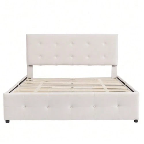 Upholstered Double Bed 140 X 200 Cm, With Drawers, Slatted Base And Headboard, In Soft Skin-Friendly Velvet, Beige (Mattress Not Included), For Adults And Teenagers. - Beige - View 1