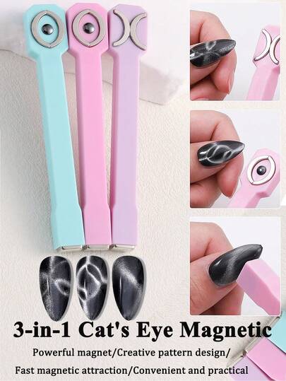3D恶魔眼磁铁，三合一猫眼效果双线花波法式美甲UV强磁贴，多功能美甲猫眼凝胶磁性工具，适合家庭美甲沙龙DIY