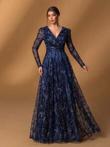 Faeriesty Đầm dạ hội Mosy Elegant dành cho mẹ cô dâu: Đầm ren đính sequin với tay áo voan mỏng – Thiết kế lãng mạn tinh tế cho tiệc cưới trên bãi biển, buổi hẹn hò và các buổi tiệc tối trang trọng. - Màu xanh hải quân - Xem 5