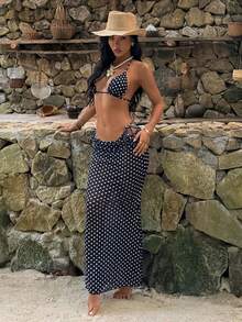 3件套女士波点印花挂脖黑色比基尼套装，性感露背夏季沙滩泳装度假装 - 彩色 - 查看 8