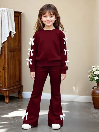 2pcs Girls Casual Sweatshirt And Flare Pants Set, Bow Decor Long Sleeve Crew Neck Top And Elegant Flared Trousers, Comfortable And Fashionable For Spring/Autumn