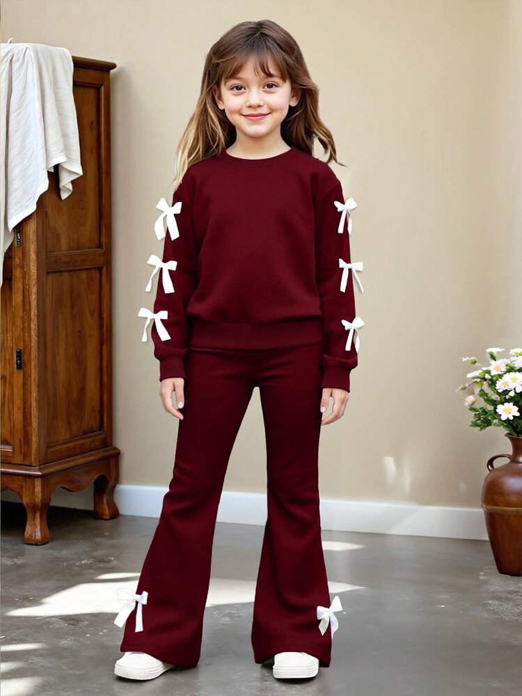 2pcs Girls Casual Sweatshirt And Flare Pants Set, Bow Decor Long Sleeve Crew Neck Top And Elegant Flared Trousers, Comfortable And Fashionable For Spring/Autumn - Burgundy - View 3