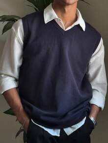 Men's Basic Solid Color V-Neck Sleeveless Sweater Vest, Warm Layering Piece For Autumn/Winter - Navy Blue - View 1
