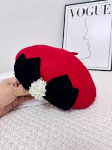 Fashionable Elegant Party Bow Beaded Decorated Beret Hat - Red - View 4