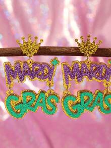 一顶闪亮皇冠帽，帽檐上印有“MARDI GRAS”字样；一对手工制作的亚克力水滴吊坠耳环；适合女性/女孩参加游行、狂欢节派对和其他场合的配饰首饰。 - 彩色 - 查看 2