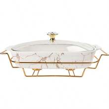 10 X 6 Ceramic Casserole Dish With Glass Lid And Rack For 30 Oz Serving Capacity Ideal For Buffet Style Catering Family Meal Preserving Party Food Display And Chafing Dish Use In Large Gatherings And Event Serving - White - View 1