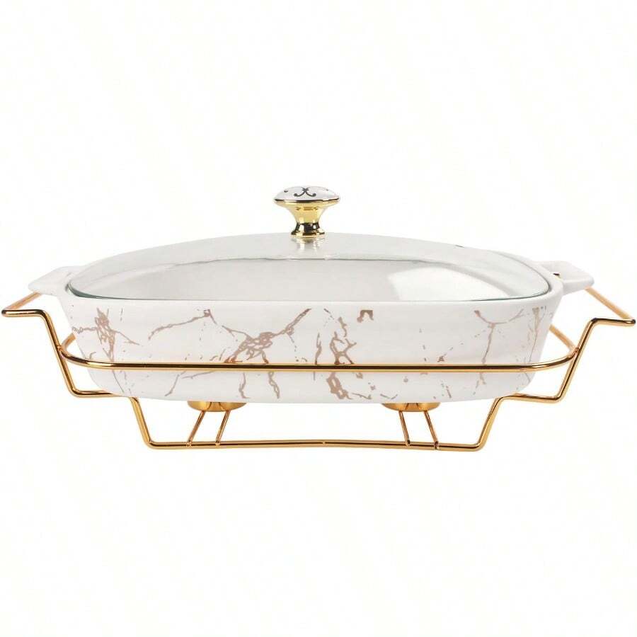 10 X 6 Ceramic Casserole Dish With Glass Lid And Rack For 30 Oz Serving Capacity Ideal For Buffet Style Catering Family Meal Preserving Party Food Display And Chafing Dish Use In Large Gatherings And Event Serving - White - View 1