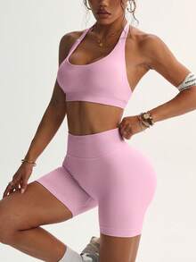 Wrinkle-Free Yoga Set, Women's Sportswear With Impact Force, Gym Shorts And Sports Bra 2-Piece Set, Suitable For Fitness Training High-Waisted Running Short - 粉色 - 查看 4