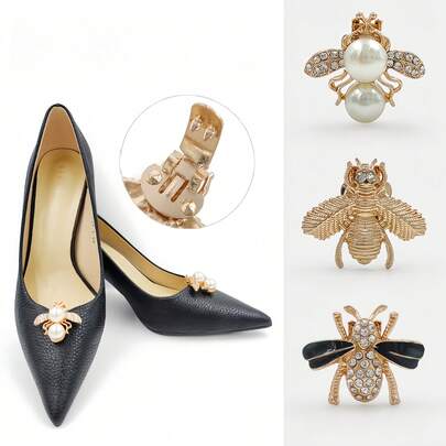 2个水钻珍珠装饰3D蜜蜂鞋夹，蜜蜂高跟鞋DIY配件，适用于高跟鞋