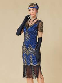 Váy Flapper thập niên 1920, Váy Great Gatsby thời kỳ Roaring 20s dành cho nữ, Váy cưới tay voan đính hạt cườm tay dài mùa xuân - Màu xanh lam - Xem 6