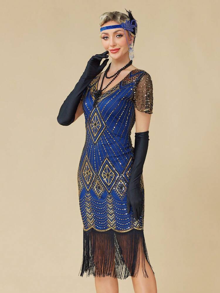 long flapper dress with sleeves Zapaka Women Black 1920s Flapper Dress V Neck Long Sleeves Vintage Dress With Fringes, Black / S