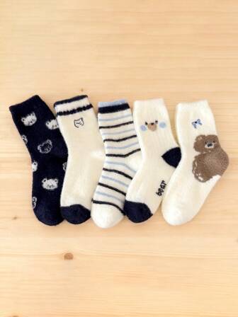 1/3/5 Pairs Women Fluffy Bear Design Comfortable Versatile Indoor/Casual Crew Socks, Cozy Socks