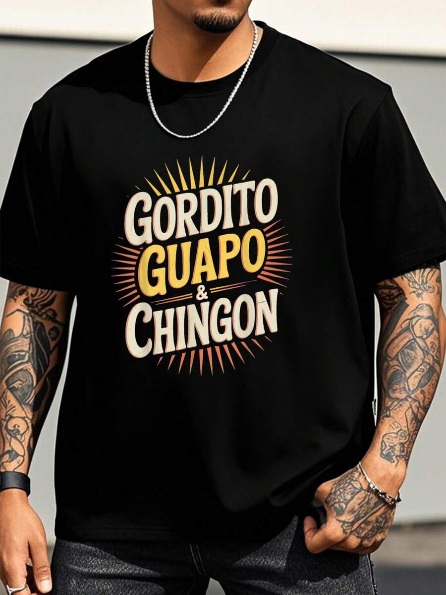 Camiseta divertida Gordito Guapo Chingon estilo mexicano español humor camisetas para hombre camisetas gráficas tops cortos conjuntos tops camiseta - Negro - Ver 1
