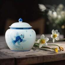 QY- 5 Inches Ginger Jar Lid - Blue Fish Decorative Ceramic Ginger Jar Vase With Lid Chinoiserie Gift Koi Decor Small Jars For Home Decor/Jewelry/Tea/Coffee Beans/Storage -6459 - 藍色 - 查看 7