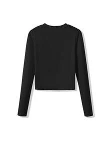 Women's Fitted Short Long Sleeve T-Shirt, Minimalist American Letter Print, Layered With Black Top, Autumn - Black - View 11