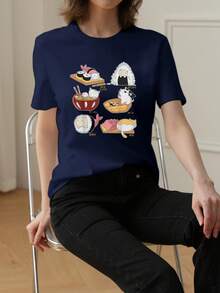 女士夏季新款简约日式寿司和小猫印花短袖 T 恤，休闲宽松百搭 T 恤 - 藏蓝色 - 查看 2