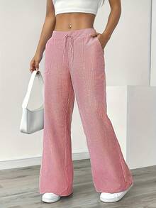 Women's Fashionable Elegant Casual Office Striped Drawstring Pants With Breathable Fabric Suitable For All Seasons - 粉色 - 查看 4