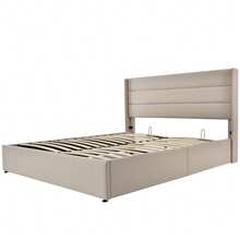 Storage Bed, Upholstered Bed, Hydraulic Double Bed 140x200cm, Wooden Slatted Base, Bed With Metal Slatted Base, Linen, Beige - Beige - View 2