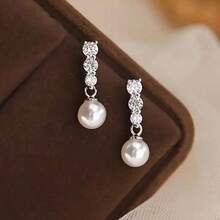 1对法式水钻珍珠耳钉，时尚独特奢华耳环 - 珍珠吊墜耳環 - 查看 8