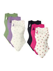 OQQ 3 Piece Bodysuits For Women Sexy Ribbed Strappy Square Neck Stretch Tank Tops Bodysuits - 酪梨綠,香芋紫,玫瑰米,黑,火龍果色,櫻桃米 - 查看 1